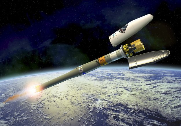 Ilustración del Soyuz llevando a Gaia hasta su órbita, cuando se desprende de su cubierta aerodinámica / ESA – D. Ducros.